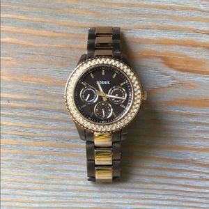 Fossil rose gold+ bronze rhinestone chrono watch